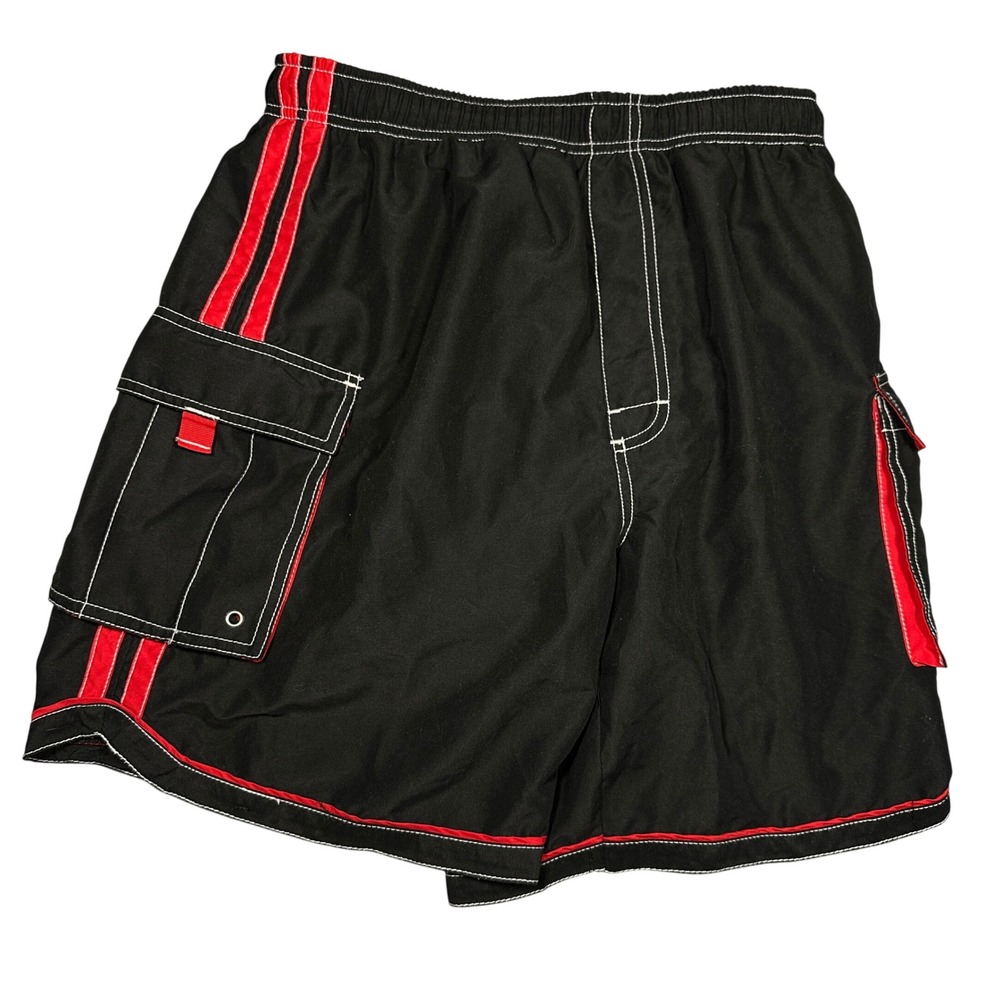 Y2K Alpine Design Mens Swim Trunks Medium Black Red Cargo Mesh Lined BoardShorts